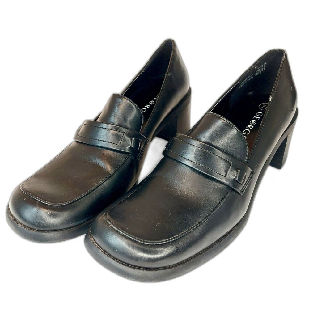 Women's George Black Faux Leather Jessica 2" Block Heel School Shoes Sz 7.5